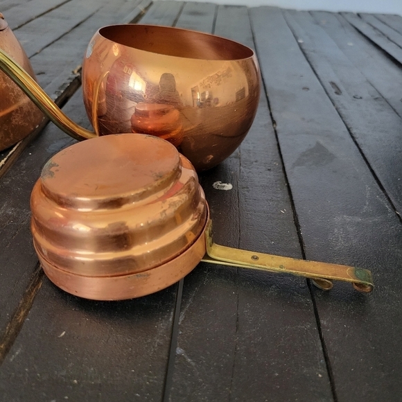 Vintage Copper Tea Pot Wooden Handle Set Water Steamer Measuring Cup - Picture 5 of 16